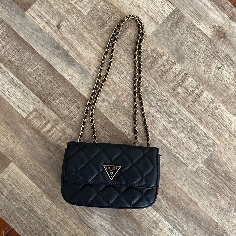 GUESS Black Quilted Crossbody Bag with Gold Chain, Good Condition